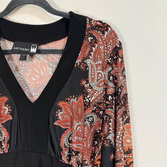 Vintage Y2K Antthony Maxi Dress L Paisley Orange Black Empire Long Sleeve V-neck - Picture 2 of 9